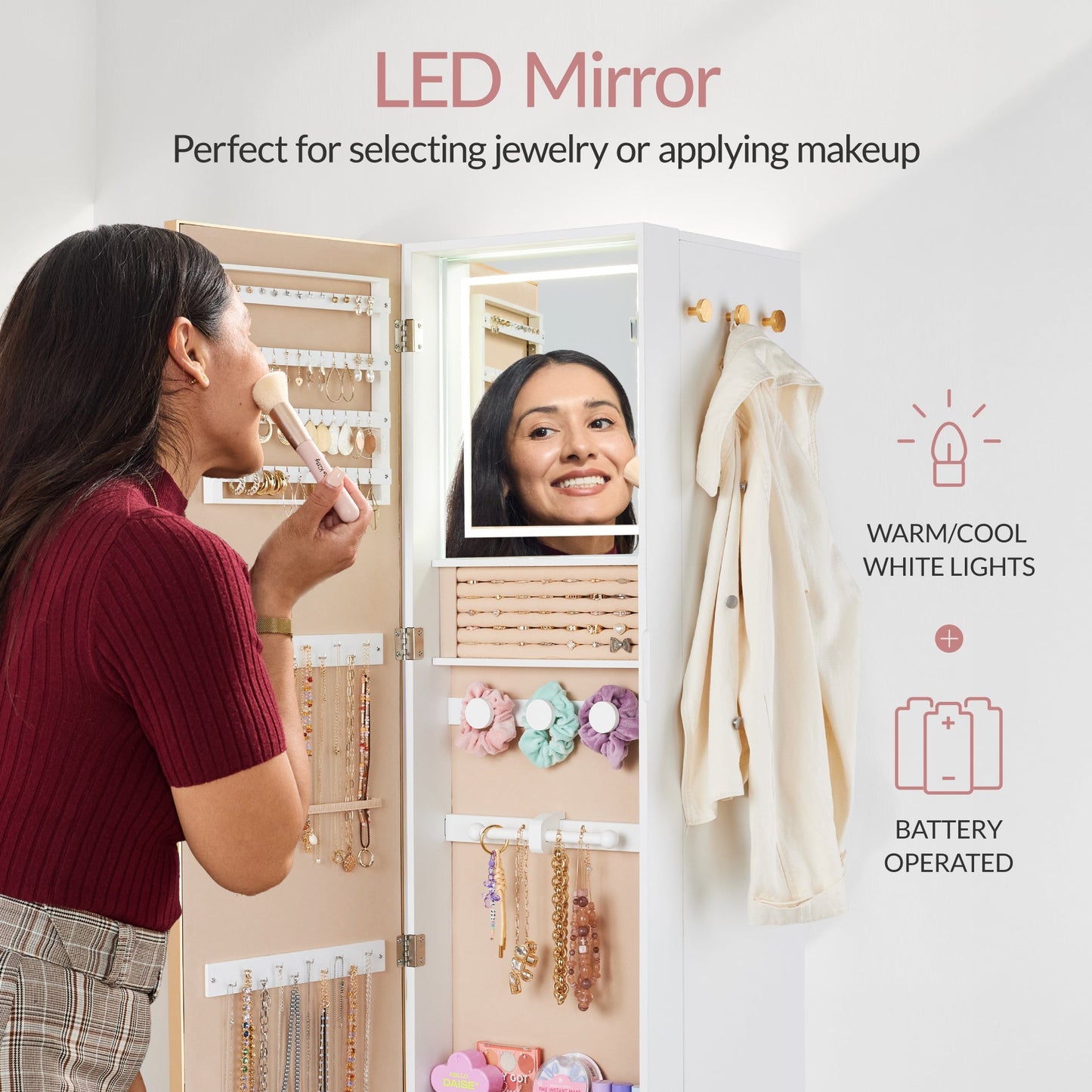 Rotating Mirror with Storage Cabinet Swivel Jewelry Armoire Shelves Hooks with practical style for home spaces
