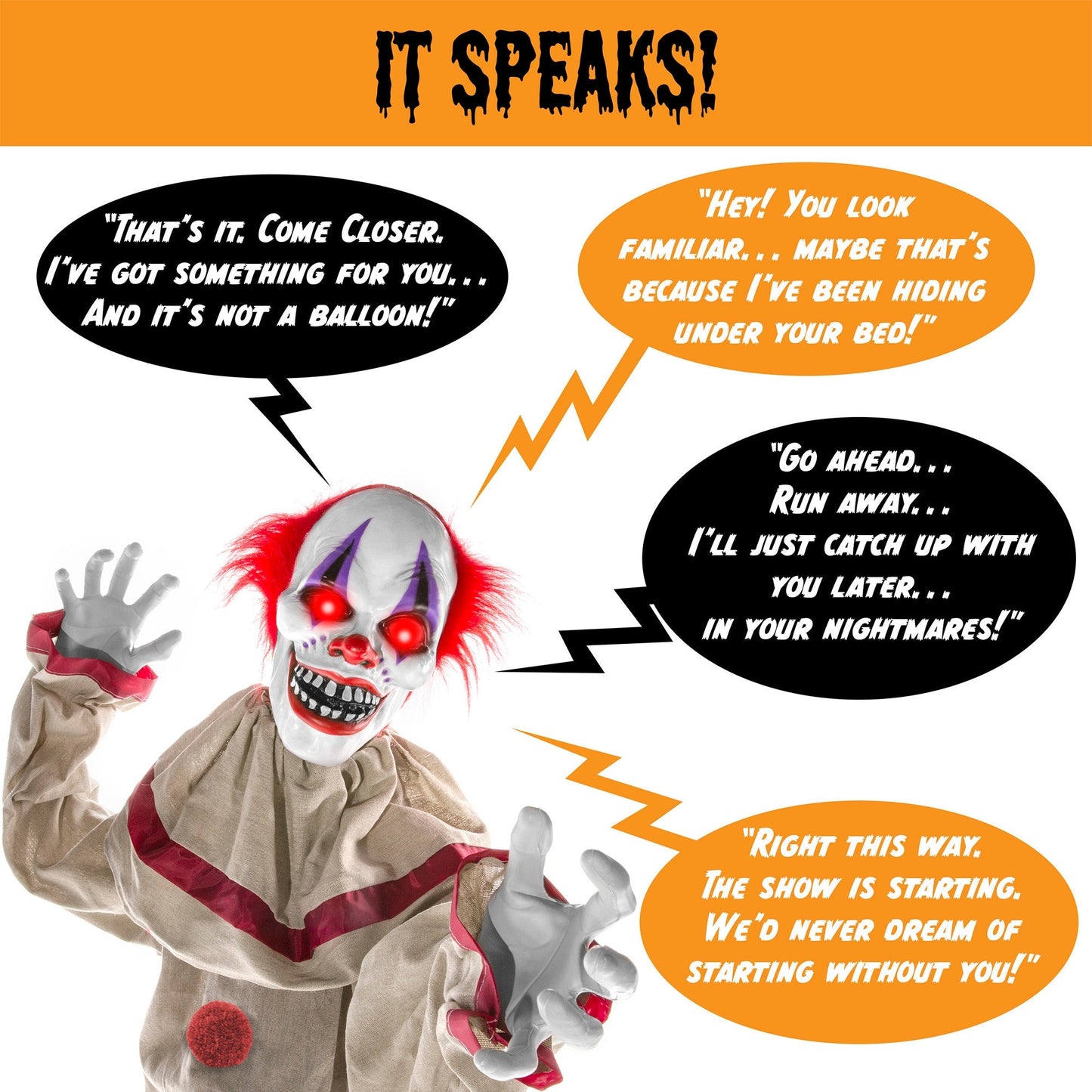 Scary Harry the Motion Activated Animatronic Killer Clown Halloween Prop for indoor and outdoor holiday displays