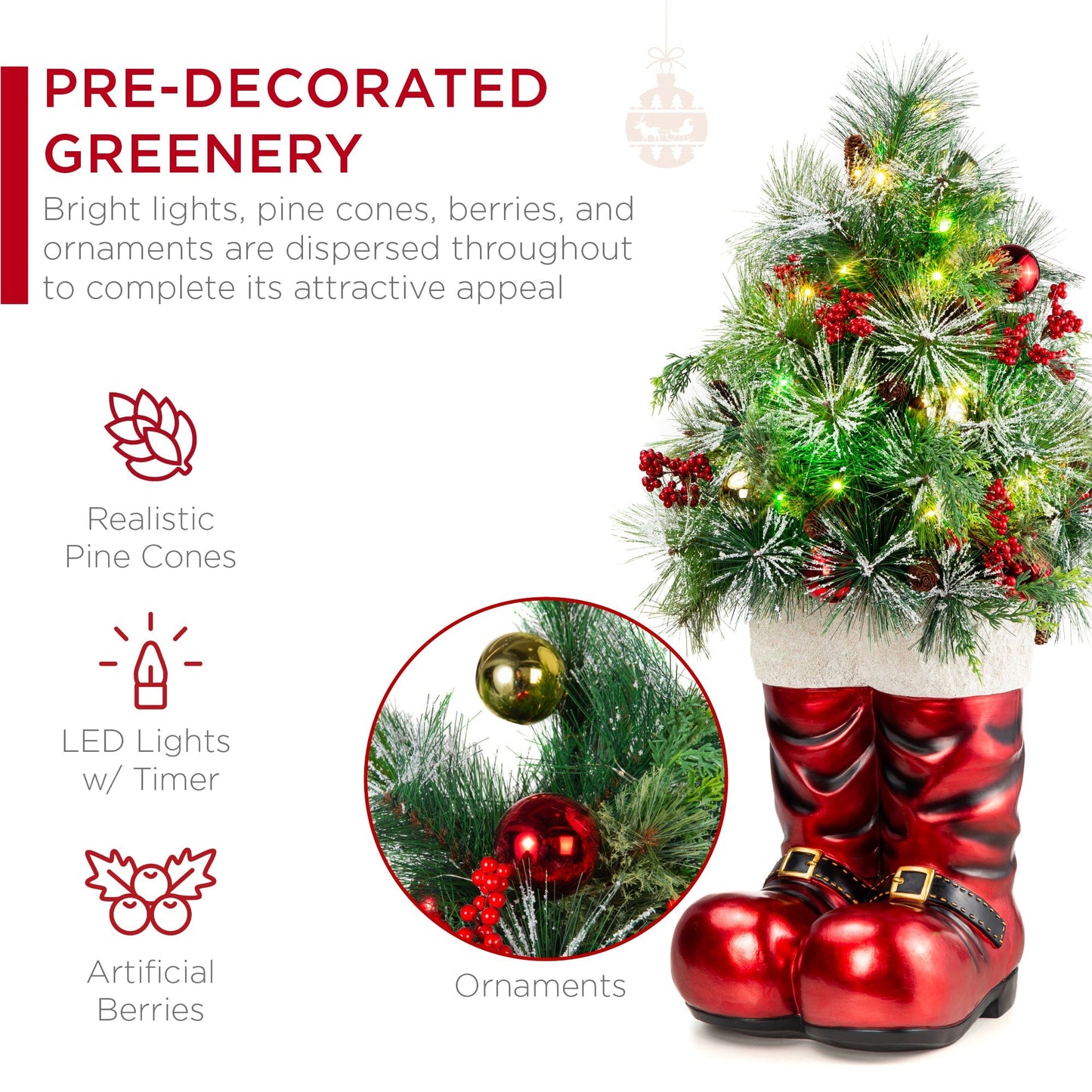 Santa Boots with Pre-Decorated Christmas Greenery Lights - 40in with eye-catching holiday style