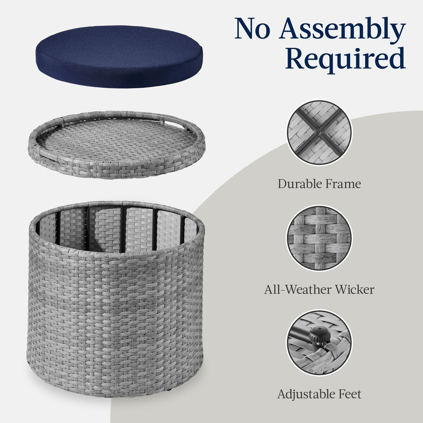Round Wicker Ottoman Multipurpose Furniture with Removable Cushion for patio, backyard, and outdoor living
